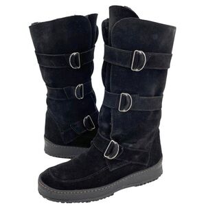 Aquatalia Tall Winter Boots Faux Fur Lined Black Suede Adjustable Straps | 8.5